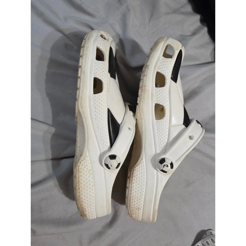 Crocs Classic Soccer Ball Print Clogs White Black Kids Size J6 Sport Shoes